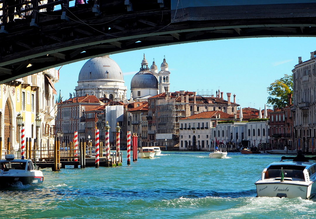 Passing under the Ponte dell'Accademia, the Basilica di Santa Maria della Salute in the background